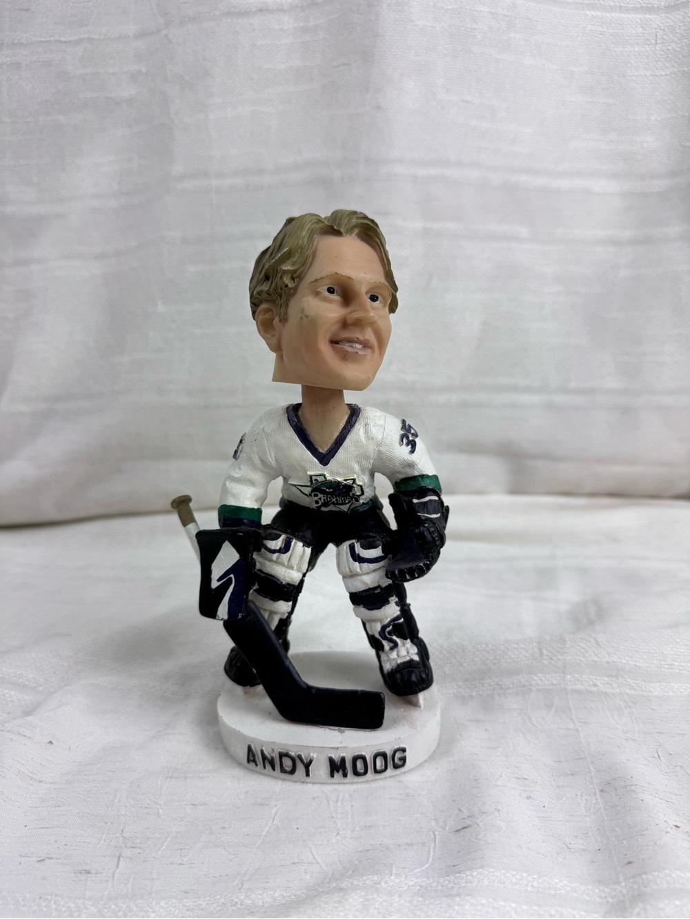 Collectible Andy Moog Hockey Player Bobblehead - White and Navy Home Accent